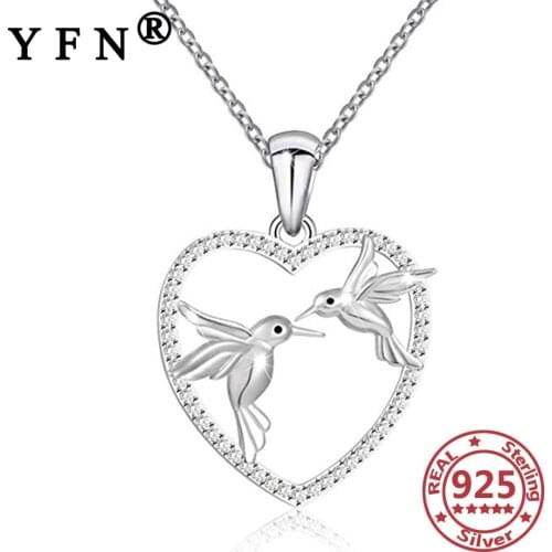 YFN 925 Sterling Silver Heart Double Bird Pendant Necklace Silver Chain Women 925 Valentines Day Gift Loves Gift Woman Jewelry