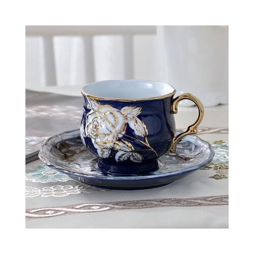 Blue Glaze Color Gold Coffee Cup And Saucer Retro Ceramic Rose Cup Plate Gold Plated Teacup Afternoon Coffee Set Drinkware