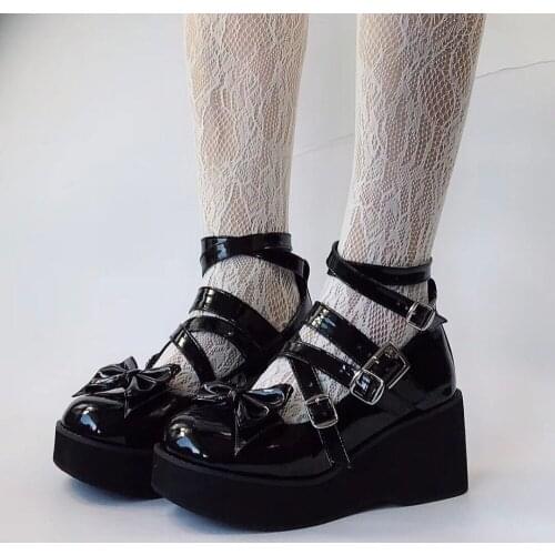 8cm High Heels Black PU Strappy Platform Pumps Sweet Lady Bow Lolita Cosplay Party Shoes Ankle Strap Custom Tailor Available