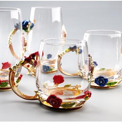Colorful Enamel Cup Water Glass Flower Tea Cup Rose Decor Crystal Coffee Cup With Handle For Household Set Couple Wedding Gifts