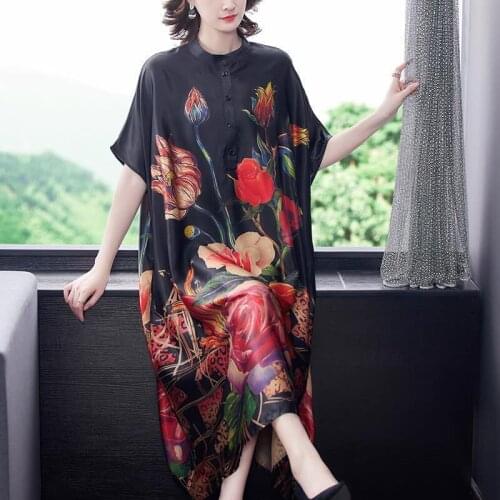 Middle Aged Women 2021 New Summer Flower Printing Silk Causal Short Sleeves Dresses Female Mother Plus Size Loose Dresses K08