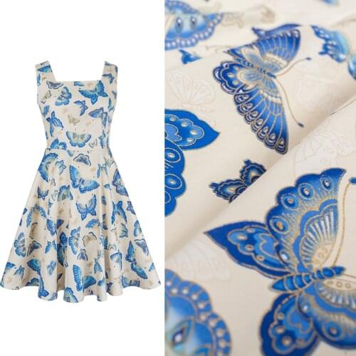 HLQON 100% cotton sateen stretch butterfly gold stamp fabric for sewing women clothing upholstery tissue wedding dress by DIY