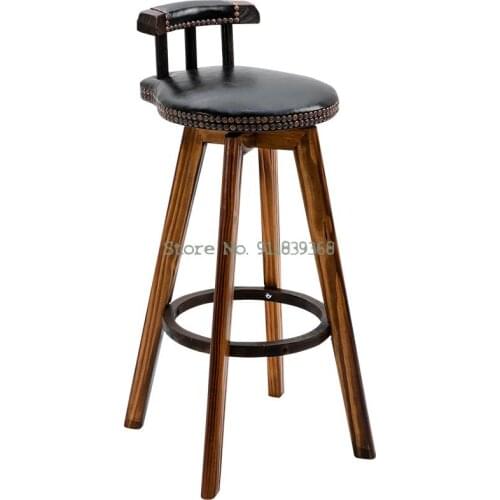 Carbonized Solid Wood Bar Chair Retro Bar Stool American Front Desk Cashier Rotary Chair Modern Simple Household High Stool