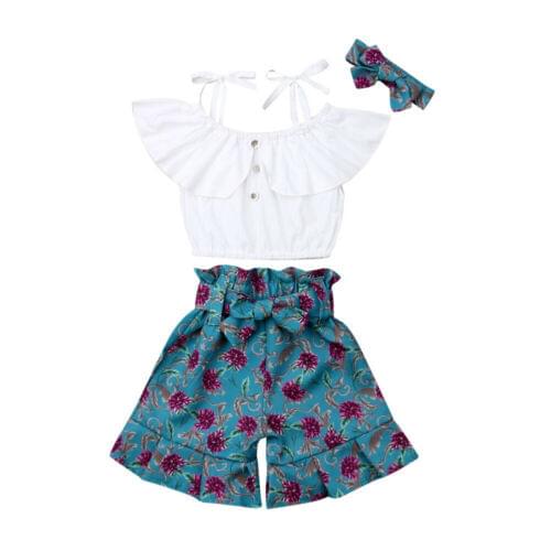 Girl Clothes 3PCS Toddler Kids Baby Girl Clothes Sling Ruffle Vest Tops +Floral Print Shorts +Headband Outfits Set