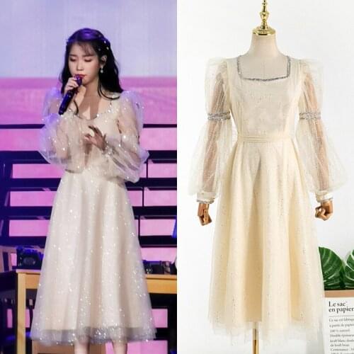 IU Li Zhiens same mesh bubble sleeve waist closing temperament medium long temperament elegant high quality clothes