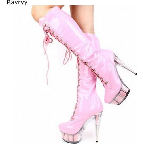 Autumn Pink Patent Leather Woman long boots Cross tied Knee-high Boots Platform Heel Model Acting Fun Club Party female Shoes