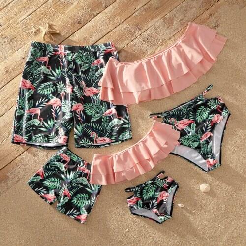 PatPat 2021 New Summer Off-shoulder Flounce Flamingo Print Matching Swimsuits
