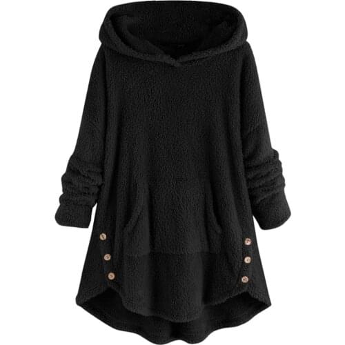 40@ Women Fluffy Coat Winter Loose Hoodie Sweatshirt Solid Winter Hooded Hoodie Buttons Fleece Jackets Tracksuit Coat Moleton