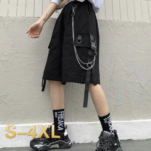 Shorts Women Side-pocket Solid Chain Elastic Waist Loose Plus Size 4XL Summer Harajuku Streetwear Hip Hop Cargo Shorts Women