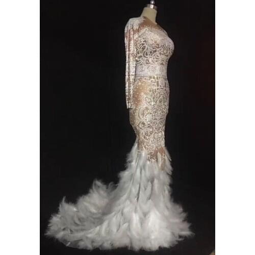 Evening Dance Rhinestones Feather Nude Dress Sexy Nightclub Full Stones Long Big Tail Costume Prom Birthday Celebrate Dresses