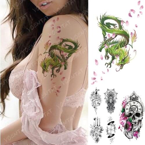 Waterproof Temporary Tattoo Sticker Green Cyan Cherry Dragon Flash Tattoos Skull Clock Body Art Arm Fake Tatoo Women Men