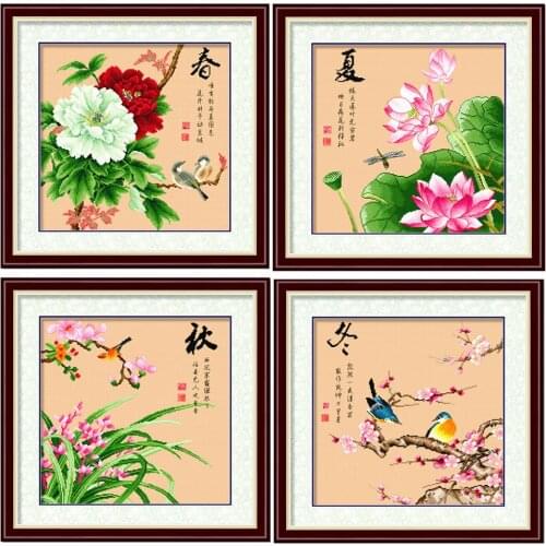 Four Seasons Plants Blooming Flowers and Birds in Spring Lotus Stamped Cross Stitch Kit Embroidery needlework set