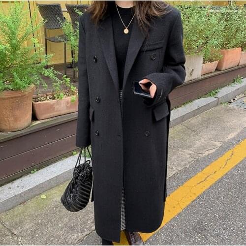 High-end Hepburn black elegant mid-length double-sided cashmere coat woolen coat female Korean version 2021 new
