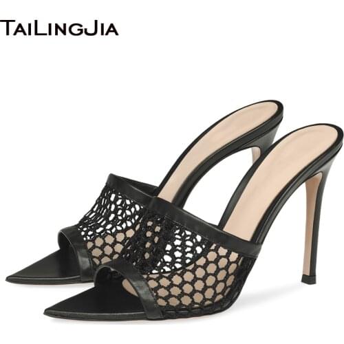 Black Sexy Fishnet Mule Heels for Women Stiletto High Heels Summer Sandals 2021 Ladies Pointed Toe Large Size Shoes Mesh Slipper