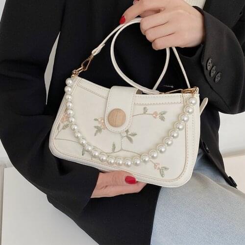 Flowers Embroidery Women Shoulder Bags Pearl Small Tote Handbags Ladies Luxury Soft Leather Messenger Bag Simple Crossbody Bags