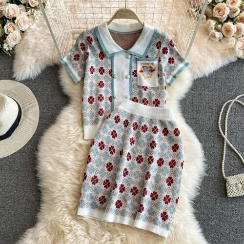 Button Pocket Embroidery Knitted 2 Piece Set Women Pullover Sweater Top + Mini Skirts Sets Vintage Elegant Summer Clothing Suits