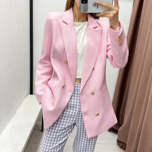 2021 Spring Autumn Women Fashion Vintage Pink Tweed Blazer Coat Chic Button Long Sleeve Suit Jacket Female Casual Solid Outwear