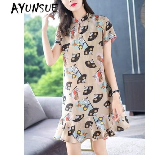Real Silk Dress Women Summer Dress Korean Vintage Print Beach Dress Elegant Party Dresses Woman Vestidos Mujer 19351 YY2755