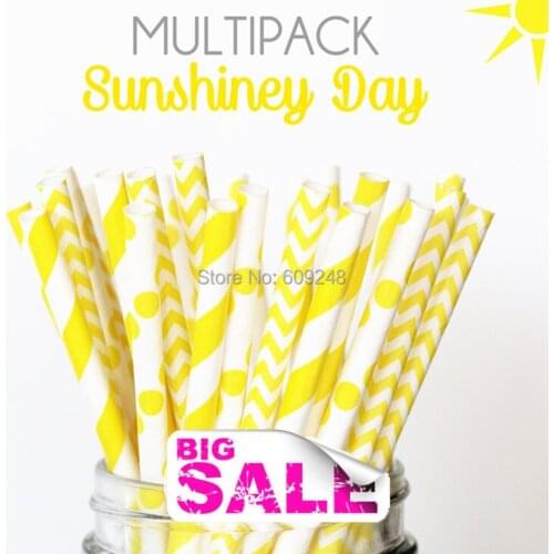 150pcs Mixed Colors SUNSHINEY DAY Themed Paper Drinking Straws Wholesale,Yellow and White Chevron Striped and Polka Dot