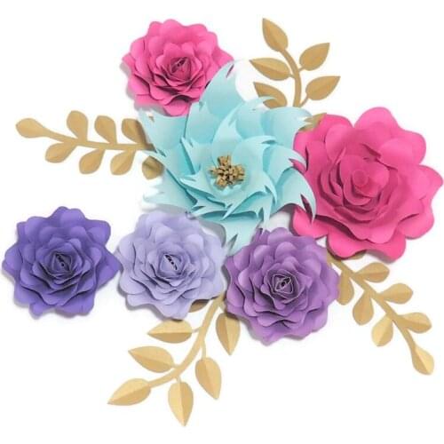 2018 DIY 6pcs Mix Giant Paper Rose 4 Leaves Flores Artificiales Fleur Artificielle For Wedding & Event Backdrop Party Nursery
