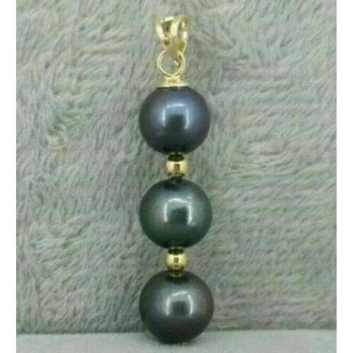 Black round AAA 9-10 mm natural Tahitian pearl pendant necklace 14k Gold
