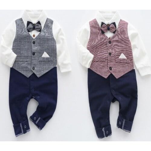 IYEAL Baby Boys Gentleman Rompers Long Sleeve Fake Two Pieces Cotton Infant Toddler Jumpsuit Newborn Formal Clothes Bebes