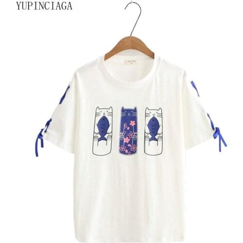 Womens Cat Print Funny T Shirts 2020 New summer Femme Short Sleeve O-Neck Lace Cotton T Shirt Femme Casual Loose Tops Tees