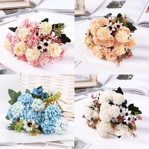 15 Head Pink Hydrangea Artificial Silk Carnation Flower Ball Big Bouquet For Wedding Home Decoration Fake Flowers