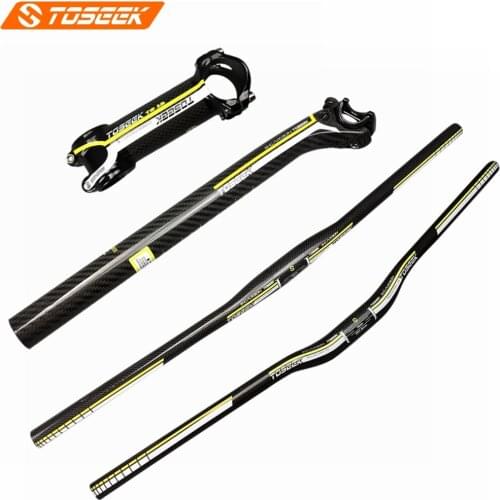 TOSEEK Yellow 3k Carbon Mountain Bike Cycling Handlebar + Stem + Seatpost (Backward 20 Degrees) Bicycle MTB Handlebars Set