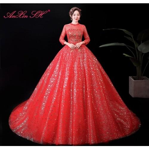 AnXin SH princess red flower lace wedding dress french retro vintage o neck ruffles long sleeve bride sparkly wedding dress