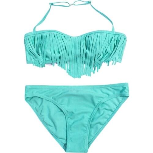 Summer Toddler Kids Teen Girl Swimwear Tassel Swimsuit Halter Sling Two Piece Bikini Set Swimming Beachwear Outfit 5-12 Years