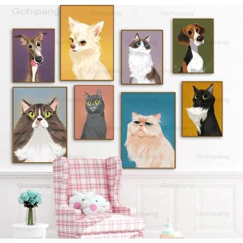 Cute Dog Cat Pet Canvas Painting Childrens Room Decoration Cartoon Wall Art Painting for Nursery Room Canvas Picture Home Decor