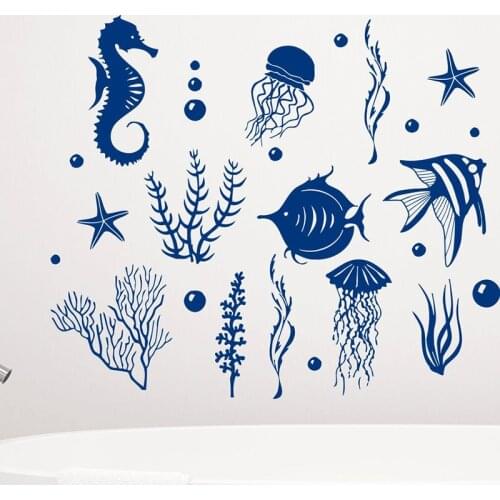 Cartoon Fish Sea Life Shells Nautical Wall Sticker Bathroom Living Room Ocean Seashells Fish Wall Decal Kids Room Vinyl Decor