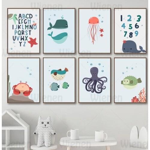 Cartoon Kids Poster Alphabet Number Whale Octopus Jellyfish Sea Animal Canvas Painting Nordic Style Home Decor Nursery Wall Art