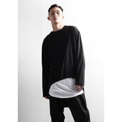 Dark black mens T-shirt personality casual handsome asymmetric front short long back long sleeve T-shirt big top