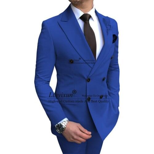 Royal Blue Men Suits Double Breasted 2021 Latest Design Black Groom Wear Wedding Tuxedos Best Costume 2 Pieces Set(Jacket+Pants)