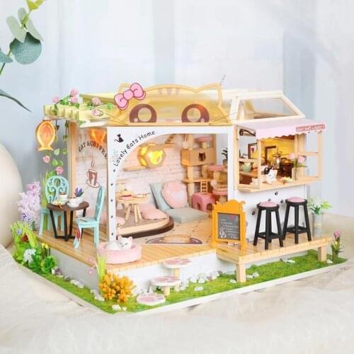 Wooden DIY Dollhouse Kits Miniature With Furniture Cute Cats Coffee Home Casa Dollhouse Assembled Toys For Girls Xmas Gifts
