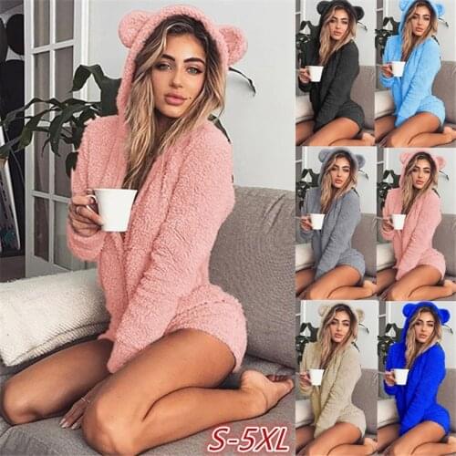2020 Autumn Keep Warm Velvet Women Rompers Long Sleeve Bodysuit Cute Bear Ears Hoodie Casual Winter Long Sleeve Siamese Shorts