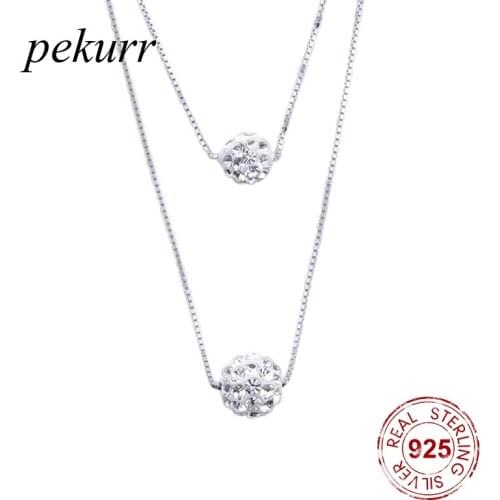 Pekurr 925 Sterling Silver Big Crystal Rhinestone Shell Pearl Necklaces For Women Double Chain Collar Pendants Jewelry