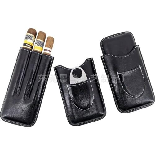 Simple Stylish Black Leather Cigar Box With Cutter Protective Case Smoking Gadget Outdoor Travel Christmas birthday Gift For Men