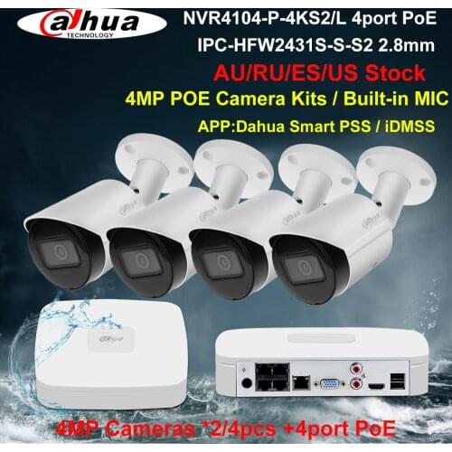 Dahua Security Camera System 4MP PoE Kits IPC-HFW2431S-S-S2 NVR4104-P-4KS2/L 4CH NVR Recorder 2/4pcs IP Camera Build in Mic