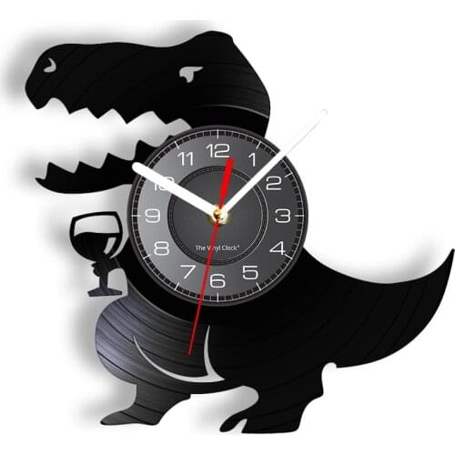Tyrannosaurus Vintage Wall Clcok Drinking Dinosaur With WIne Glass Cute Animal Wall Watch Laser Etched LP Timepieces Home Decor