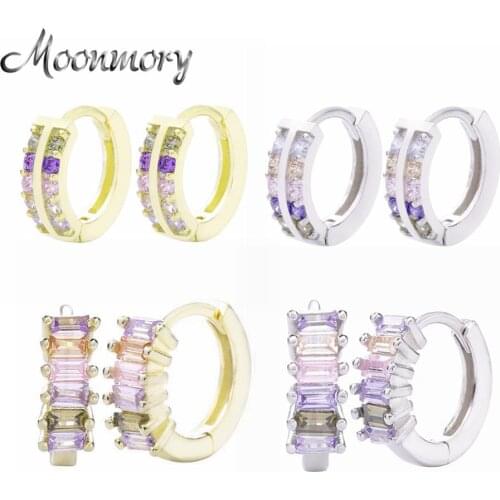 Moonmory Rainbow Multi-Color Stone Hoop Huggies Earring For Women 925 Sterling Silver Color Trapezoid Crystal Loops Hoop Earring