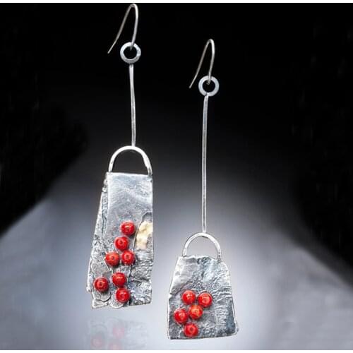 Vintage Drop Earring For Women Classic Silver Color Red Coral Asymmetric Lock Bag Shape Hook Earring Jewelry For women 2021 Stud