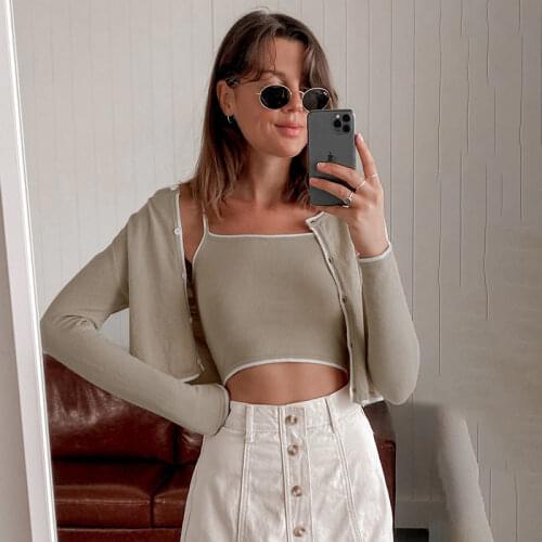 Simple Camisole Two-Piece Suit Women European American INS Fashion Hit Color Round Neck Cardigan Slim Exposed Umbilical