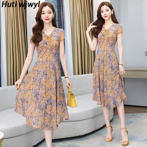 2021 Casual Vintage Print Boho Sundress Women Bodycon Party Maxi Vestido Summer Elegant Floral Chiffon Beach Vacation Midi Dress