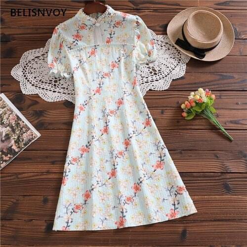 Chinese Style Summer Women Dress Stand Collar Floral Printed Dress Gorgeous Vintage Elegant Slim Hollow Out Dress With Beads