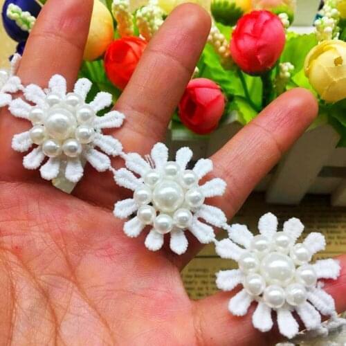 10x White Daisy Pearl Beaded Flower Embroidered Lace Trim Applique Trimming Ribbon Fabric Sewing Craft Handmade Wedding Decor