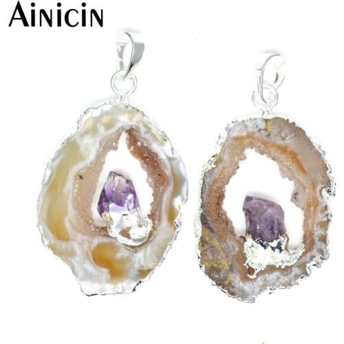 2pcs Match In Pairs Natural Dursy Geode Stone Purple Crystal Inlay Silver Color Plating Fashion Women Jewelry Birthday Gift