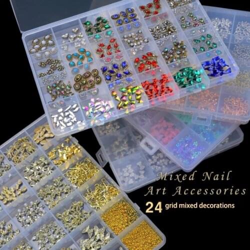 24 Grids Mixed Nail Art Accessories Glitter 3D Rhinestones AB Flat Back Shiny Stones Decorations Nails Gems Crystal Zircon Beads